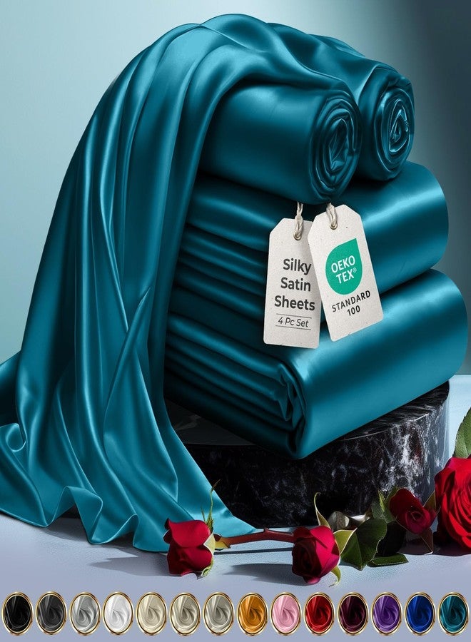 DECOLURE Satin Bed Sheets - 4 Piece Luxury Silky Twin Size Bedding Set - Softer Than Silk, Wrinkle-Free with 15” Deep Pocket Fitted Sheet, Perfect for Hair & Skin, Gifts for Women (Sea Teal) - Image 1